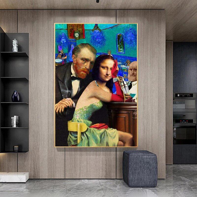 Funny Famous Mona Lisa and Van Gogh Figure Canvas Painting Posters | Wall Art for Living Room Decor | Rebel Aesthetics